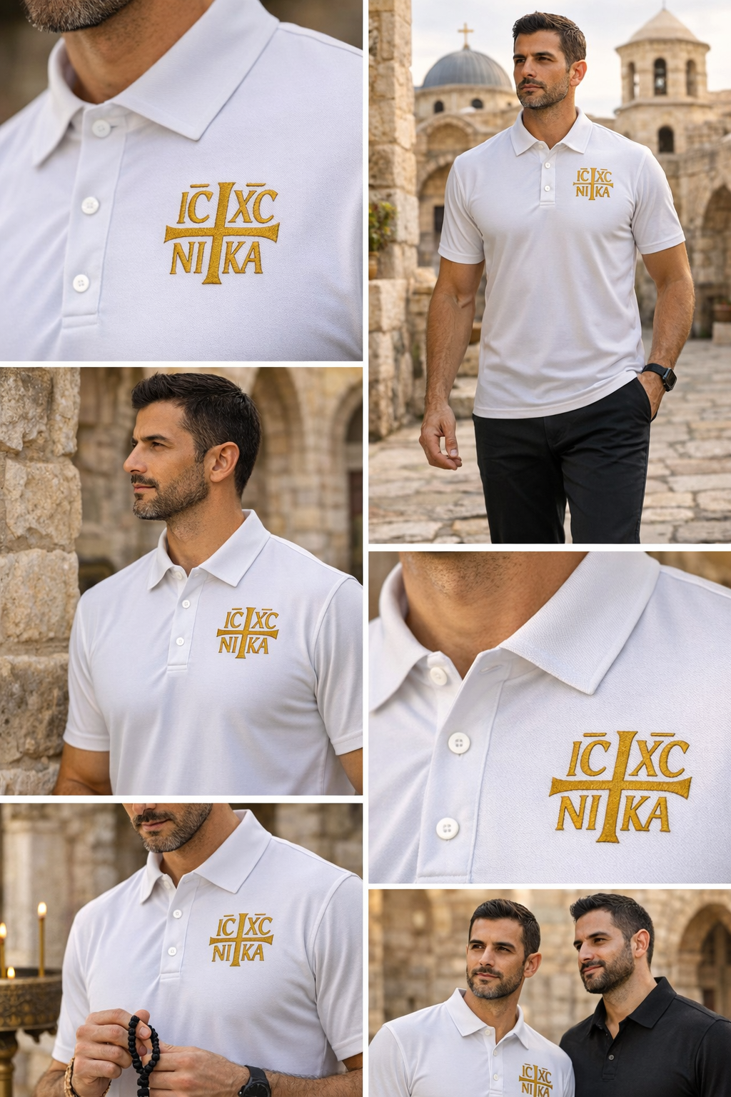 IC XC NIKA Orthodox Polo Shirt White Mens Eastern Christian Jesus Cross Top