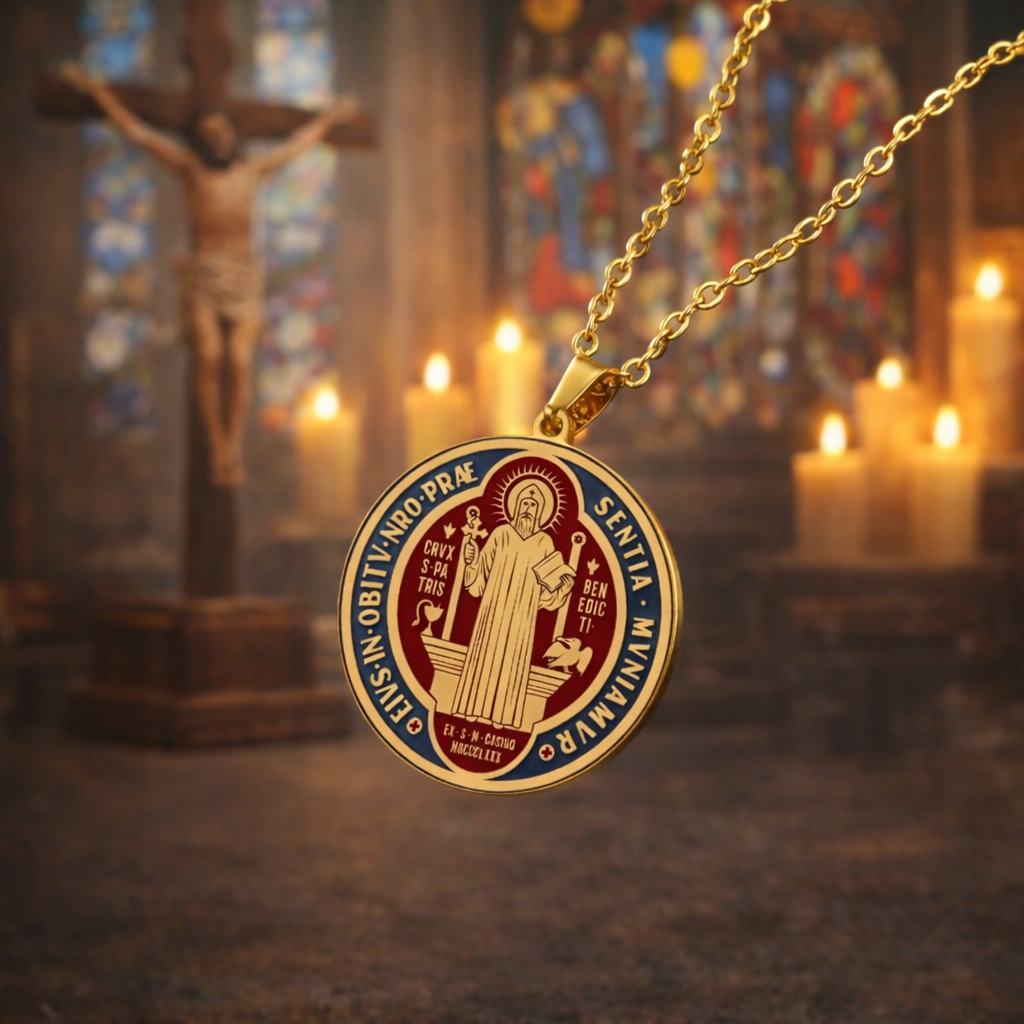 St Benedict Medal Necklace Double Sided Pendant 45cm Chain Gold Silver Catholic