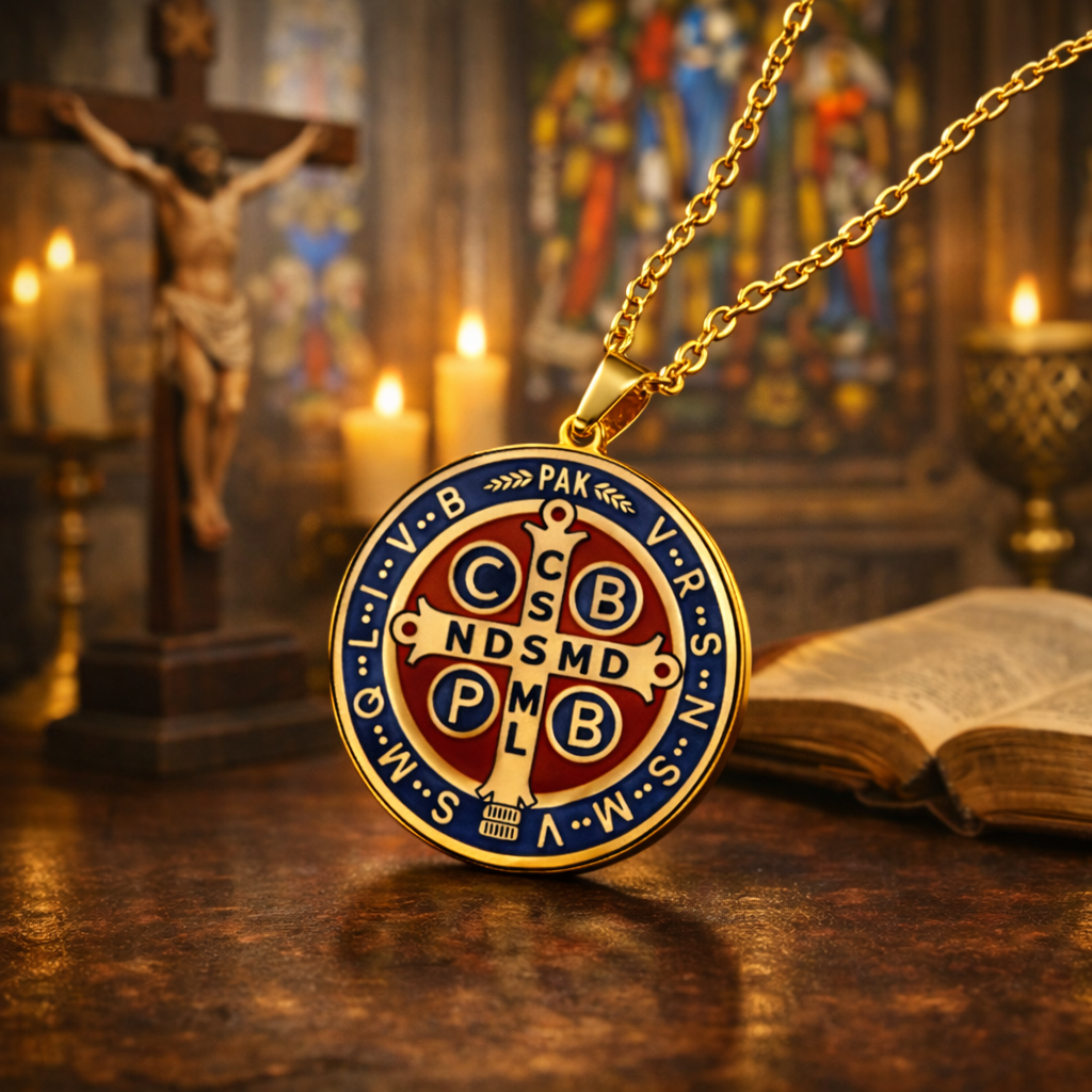 St Benedict Medal Necklace Double Sided Pendant 45cm Chain Gold Silver Catholic