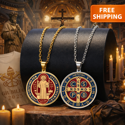 St Benedict Medal Necklace Double Sided Pendant 45cm Chain Gold Silver Catholic