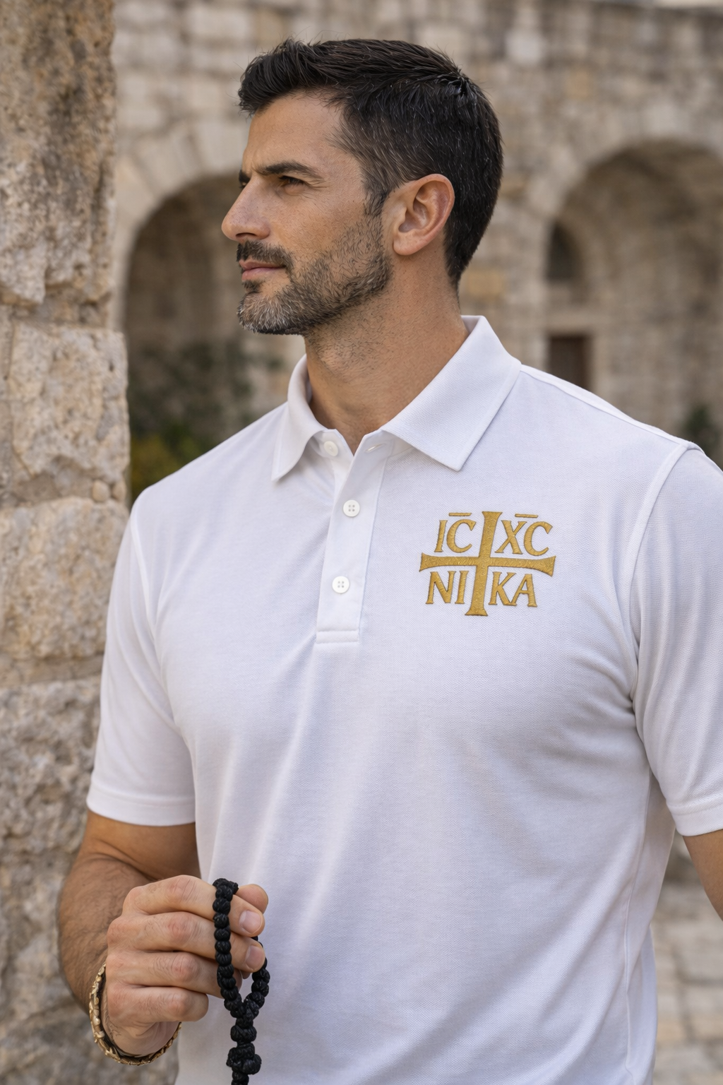 IC XC NIKA Orthodox Polo Shirt White Mens Eastern Christian Jesus Cross Top
