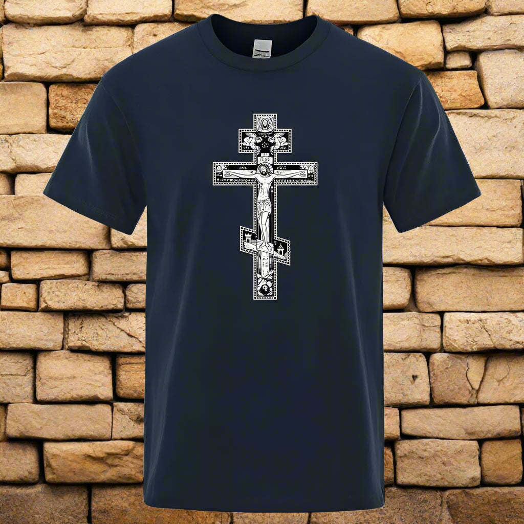 Men’s Orthodox Cross Jesus Christ T-Shirt – Gothic Christian Angel Print