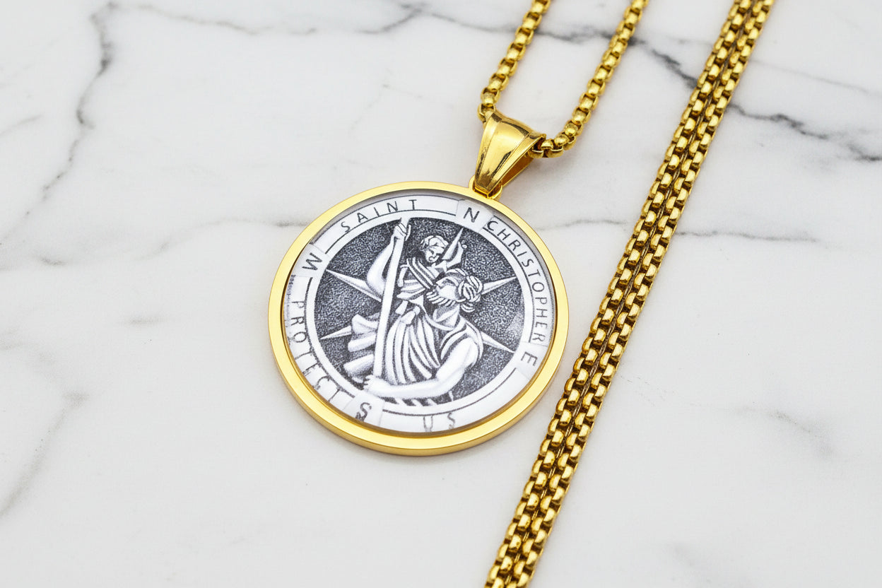St Christopher Protect Us Necklace Gold Stainless Steel Glass Medal Pendant 60cm