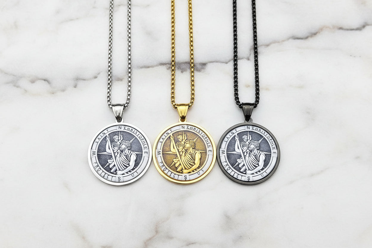 St Christopher Protect Us Necklace Gold Stainless Steel Glass Medal Pendant 60cm