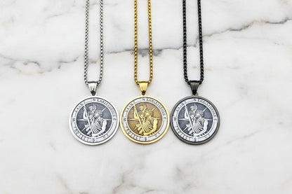 St Christopher Protect Us Necklace Gold Stainless Steel Glass Medal Pendant 60cm