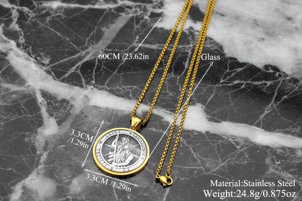 St Christopher Protect Us Necklace Gold Stainless Steel Glass Medal Pendant 60cm