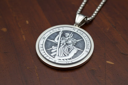 St Christopher Protect Us Necklace Gold Stainless Steel Glass Medal Pendant 60cm