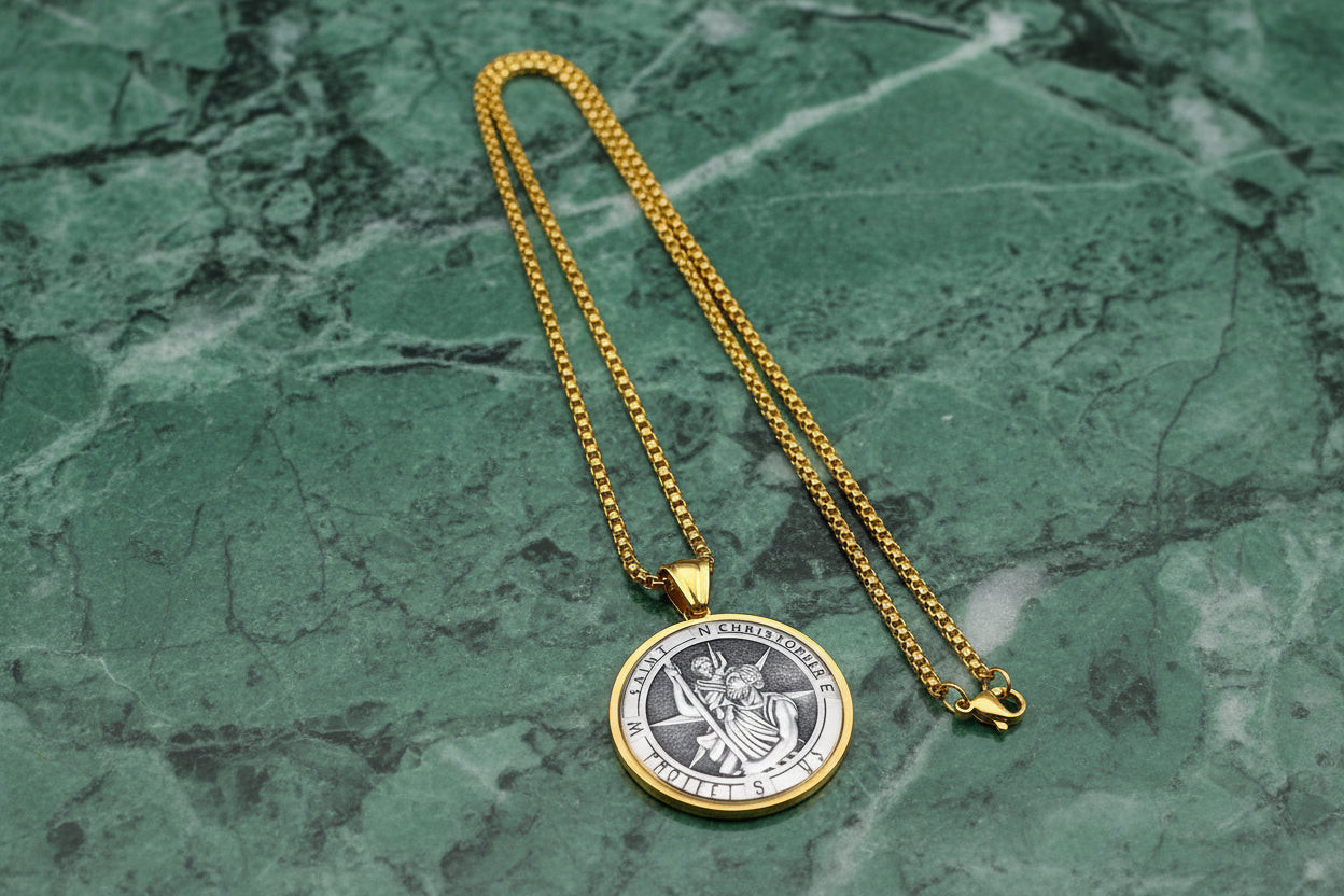 St Christopher Protect Us Necklace Gold Stainless Steel Glass Medal Pendant 60cm
