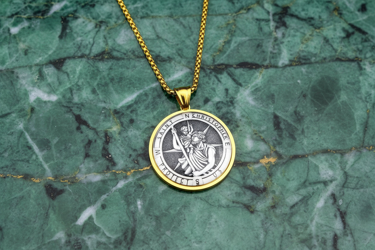 St Christopher Protect Us Necklace Gold Stainless Steel Glass Medal Pendant 60cm