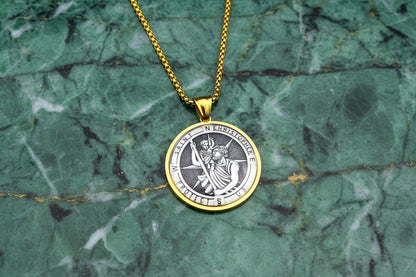 St Christopher Protect Us Necklace Gold Stainless Steel Glass Medal Pendant 60cm