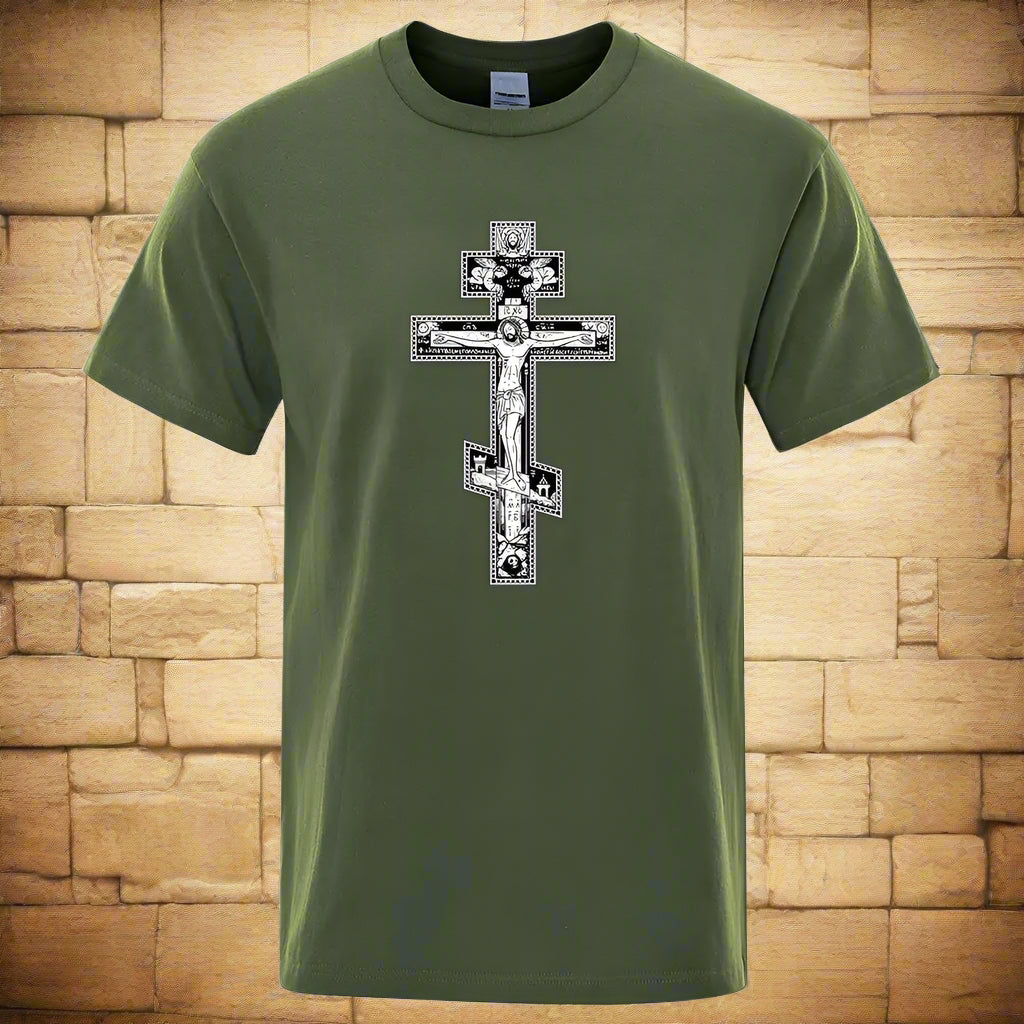 Men’s Orthodox Cross Jesus Christ T-Shirt – Gothic Christian Angel Print
