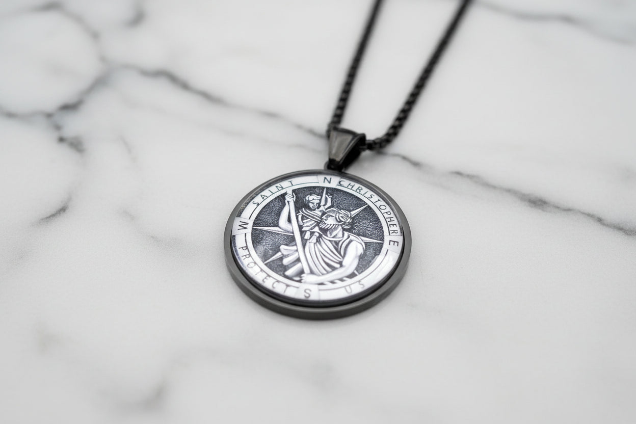St Christopher Protect Us Necklace Gold Stainless Steel Glass Medal Pendant 60cm