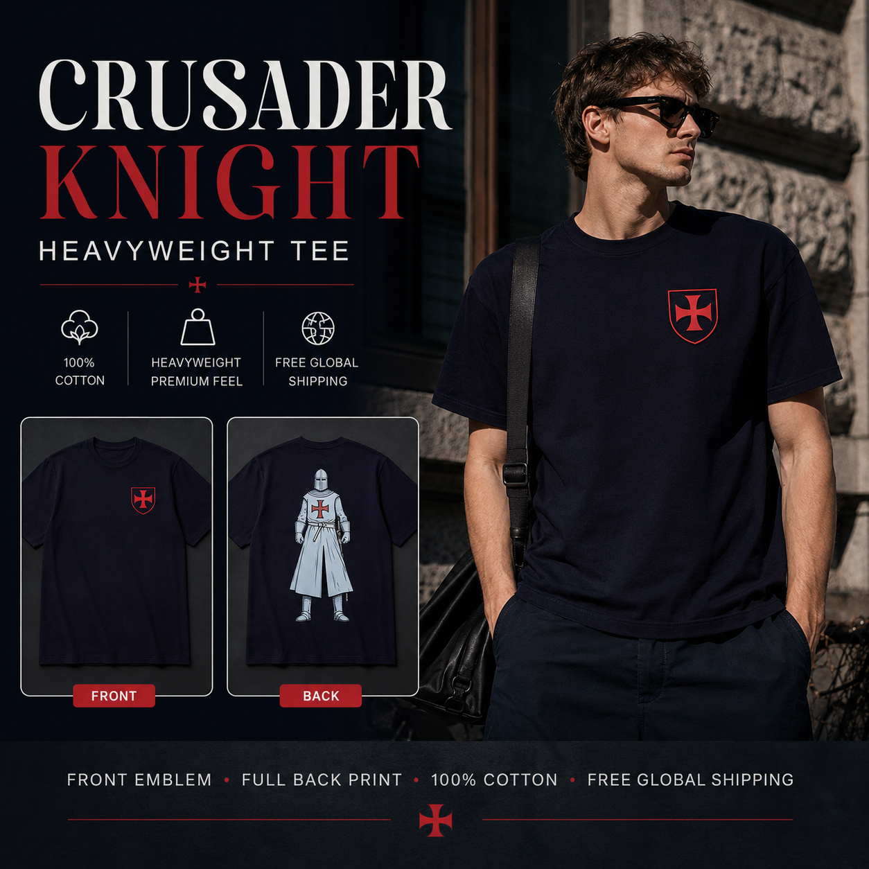 Crusader Knight T-Shirt Heavyweight Cotton Tee Medieval Templar Cross
