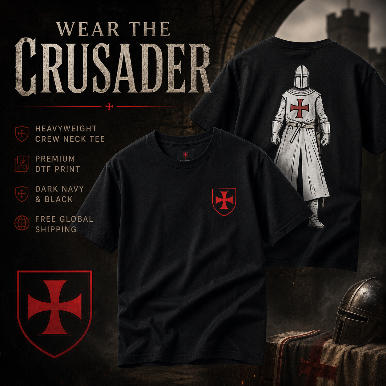 Crusader Knight T-Shirt Heavyweight Cotton Tee Medieval Templar Cross
