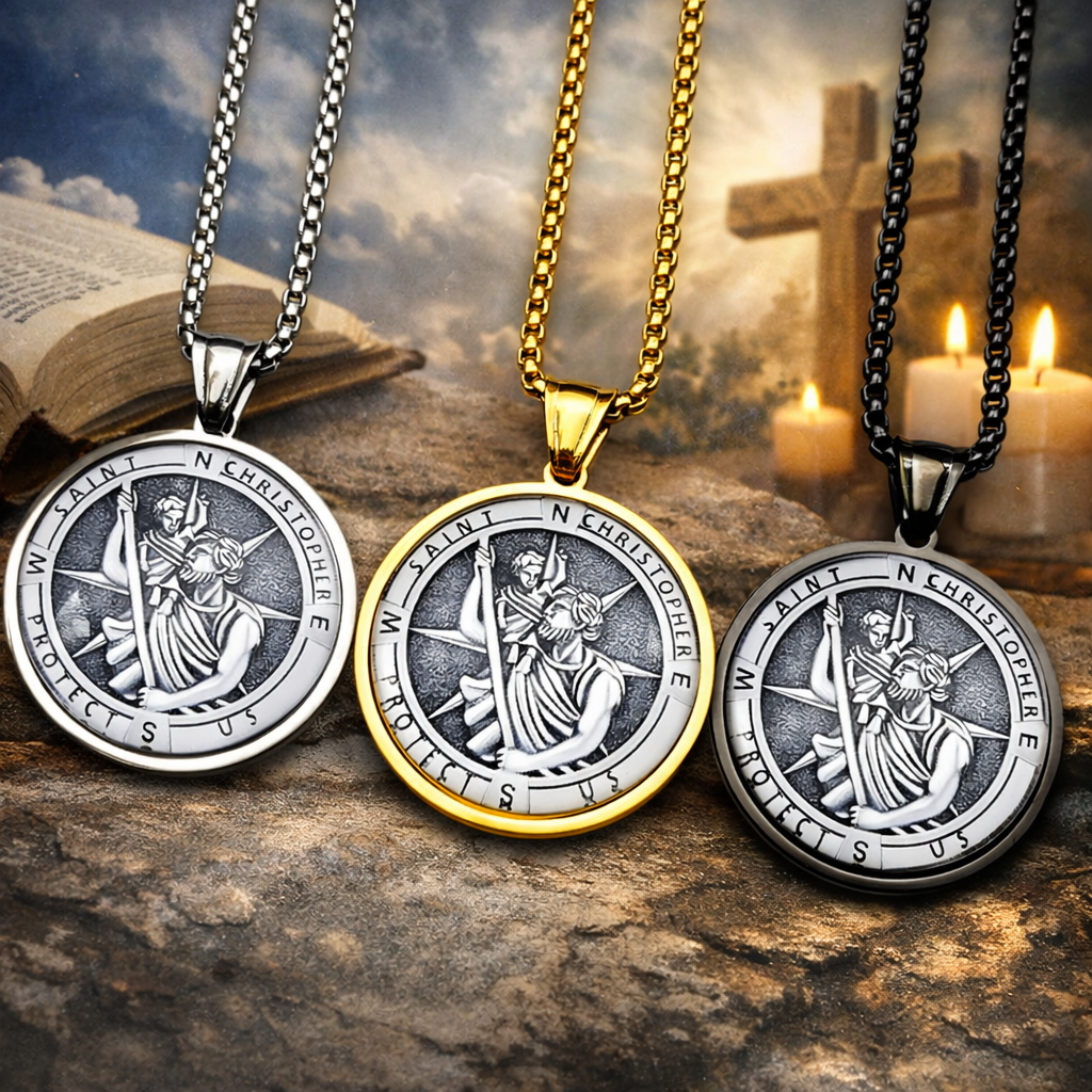 St Christopher Protect Us Necklace Gold Stainless Steel Glass Medal Pendant 60cm