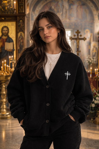 Orthodox Cross Cardigan Christian Button-up Cotton Sweater