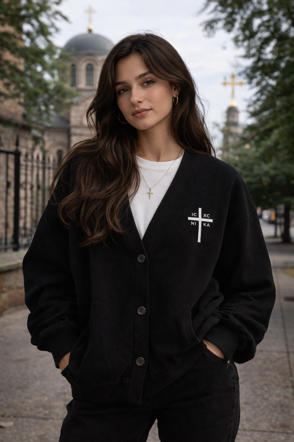 Orthodox Cross Cardigan Christian Button-up Cotton Sweater