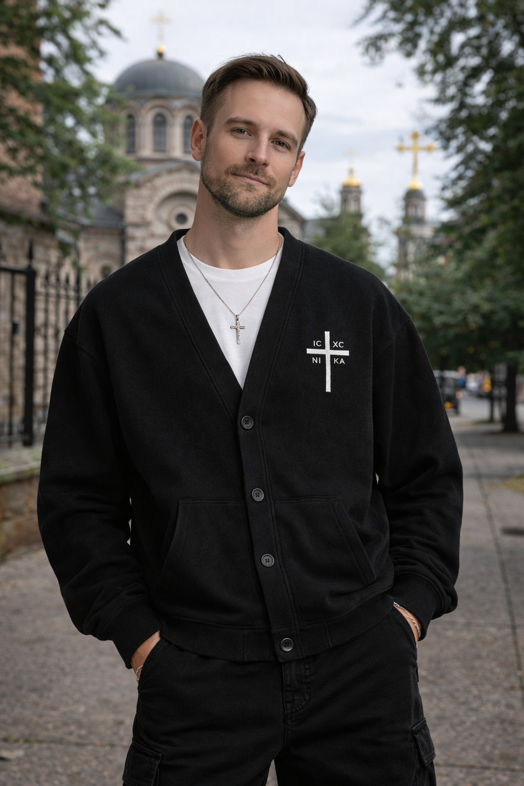 Orthodox Cross Cardigan Christian Button-up Cotton Sweater